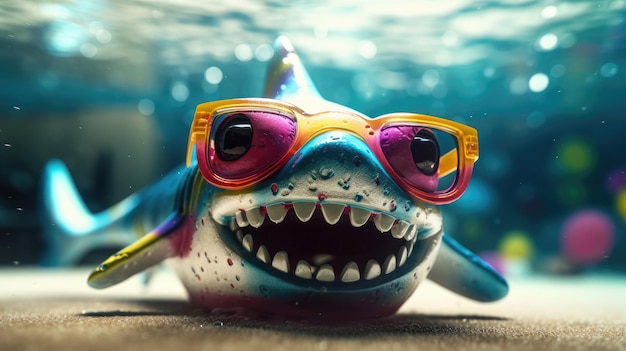 Kleurrijke speelgoedhaai die een zonnebril draagt die onderwater aanvalt