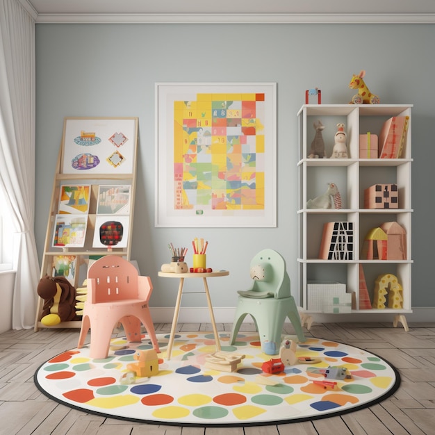 Kleurrijke speelkamer met opslag en speelgoedspelletjes