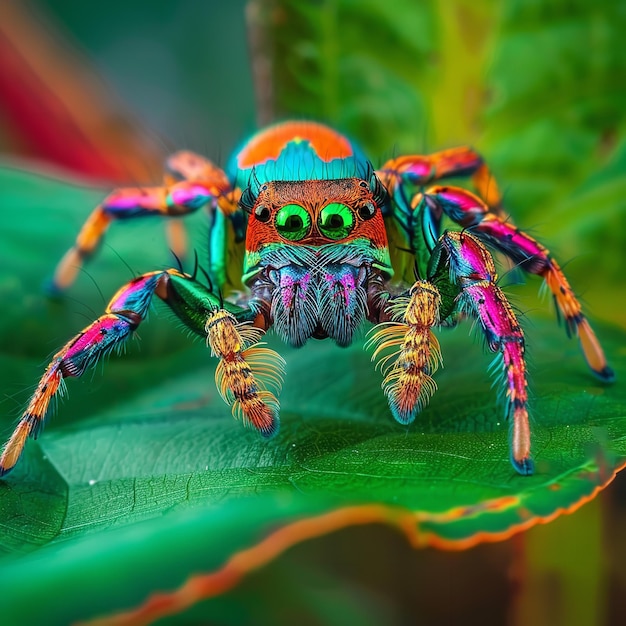 Kleurrijke springende spin op een groen blad Ai generatief