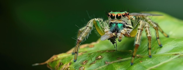 Kleurrijke springende spin op een groen blad