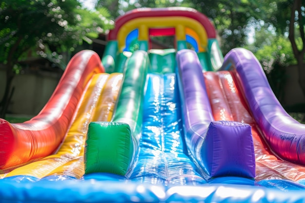 Foto kleurrijke springglijbaan voor kinderen in de achtertuin