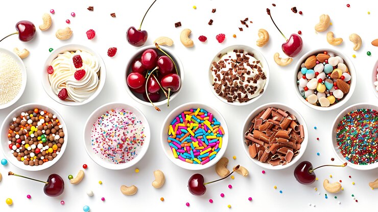 Foto kleurrijke sprinkles chocolade schrapen cashewnoten en kersen voor een heerlijk dessert