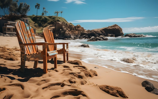 Kleurrijke stoelen op het lege strand Vakantie en reisconcept