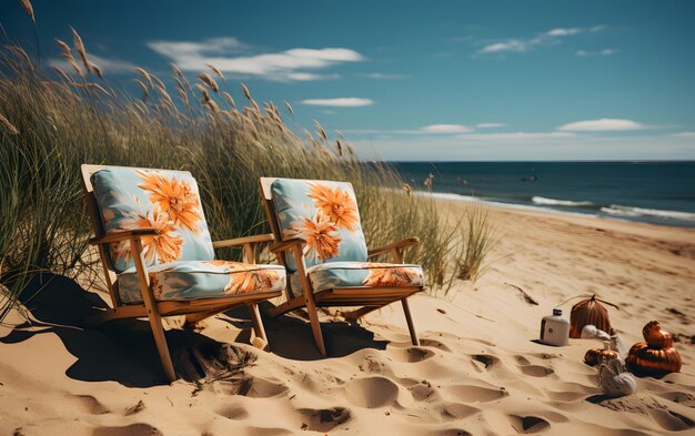 Kleurrijke stoelen op het lege strand Vakantie en reisconcept