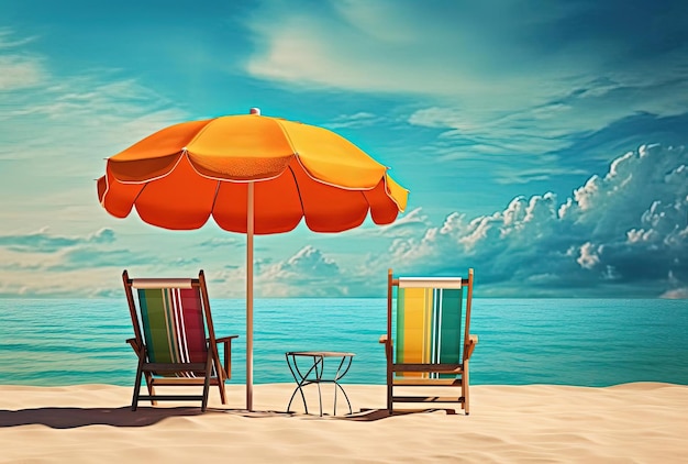 kleurrijke stoelen op het strand onder een paraplu op de zee 3d illustratie in de stijl van 1970 heden