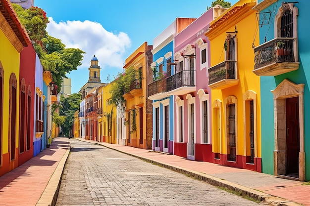 Kleurrijke straat van een oud klein Spaans stadje op een zonnige dag Poster