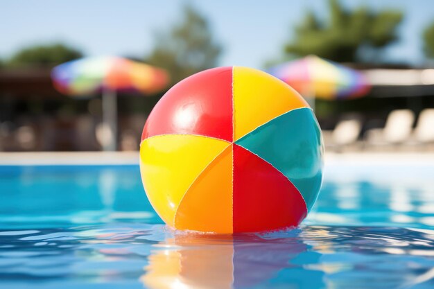 Kleurrijke strandbal op zwembad water opblaasbare zomervakantie speelgoed close-up