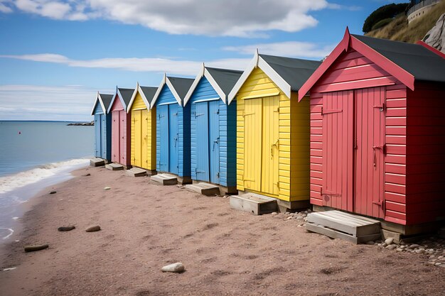 Kleurrijke strandhutten of -hutten langs de kust