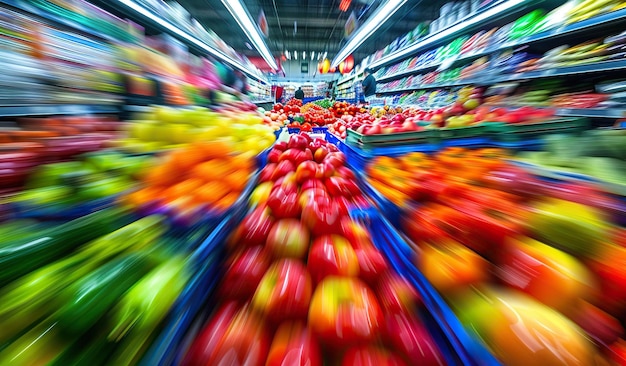 Kleurrijke supermarkt fruit gang met motion blur effect