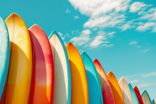 Kleurrijke surfboards staan in een rij op het strand tegen de blauwe lucht