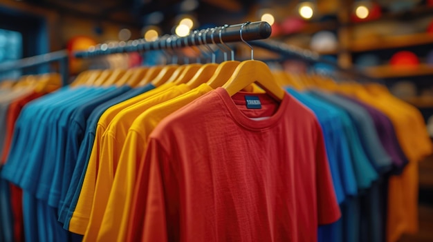 Kleurrijke T-shirts te zien in een modewinkel