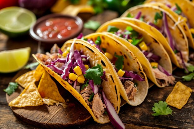 Kleurrijke taco's en maïschips met salsa op een vette achtergrond
