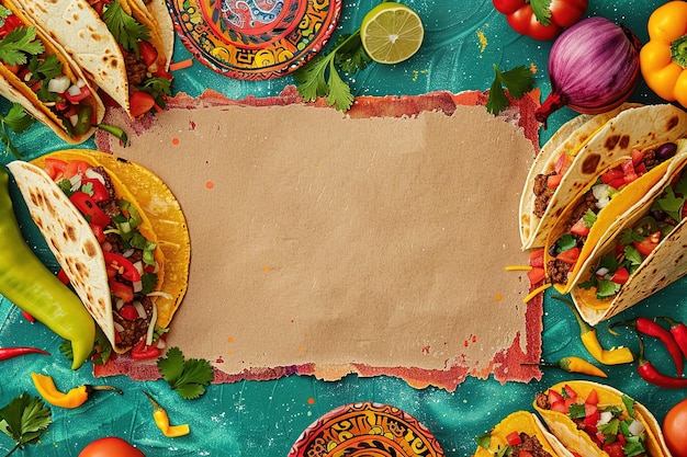 Kleurrijke taco's met verse ingrediënten op een feestelijke tafel voor Cinco de Mayo