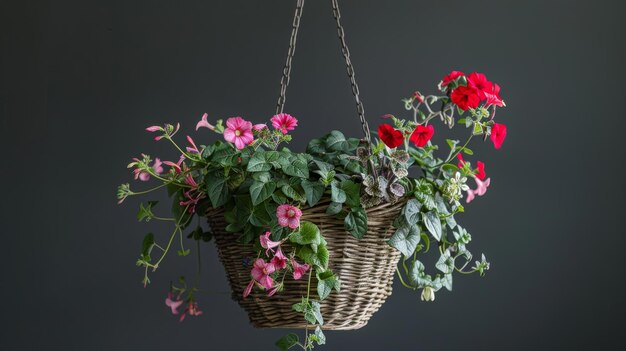 Kleurrijke tentoonstelling van rode en roze bloemen die overstromen uit een hangende mand