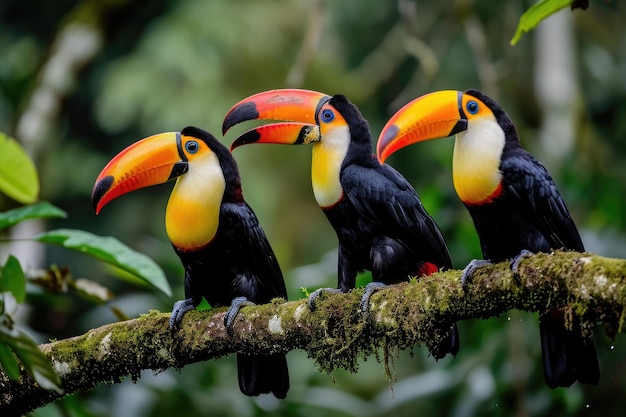 Kleurrijke toekanen zitten in tropische regenwouden levendige toekanen voegen kleurstootjes toe aan de weelderige tropische rainwouden