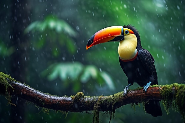 Kleurrijke toucan vogel die op een tak in het regenwoud staat