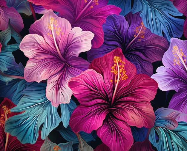 Kleurrijke tropische kunst hibiscus bloemen behang