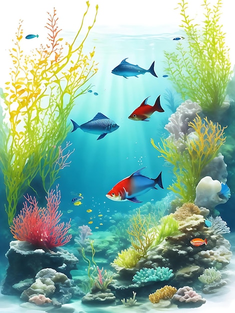 Kleurrijke tropische vissen in helder onderwater zonlicht Ai gegenereerde achtergrond