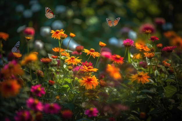 Kleurrijke tuin vol levendige bloemen leven en beweging generatieve IA