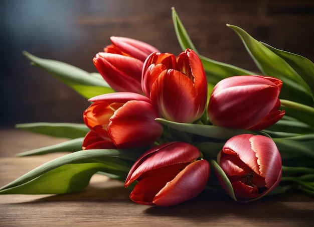 Kleurrijke tulpen liggen op een houten tafel.