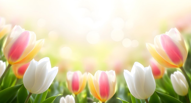 Kleurrijke tulpen met frisse groene bladeren in zacht licht bij wazige achtergrond Horizontale bloemenbanner met kopieerplaats