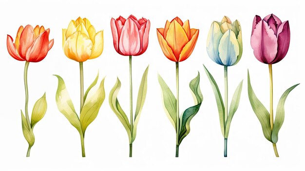 Kleurrijke tulpen op een witte achtergrond Aquarel illustratie