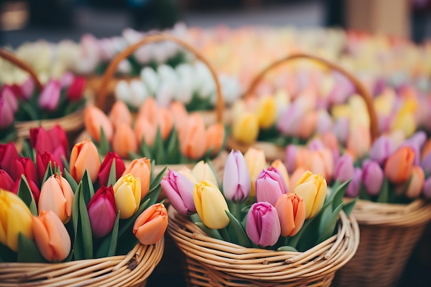 Kleurrijke tulpenbloemen in rieten manden op de straatmarkt