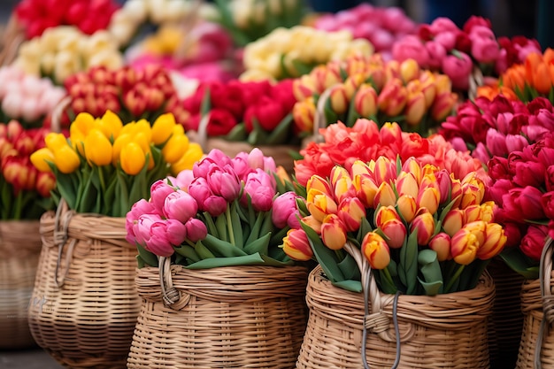Kleurrijke tulpenbloemen in rieten manden op de straatmarkt