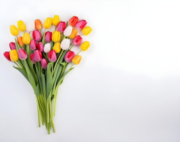 Kleurrijke tulpenbloemenboeket op een lichte houten witte achtergrond