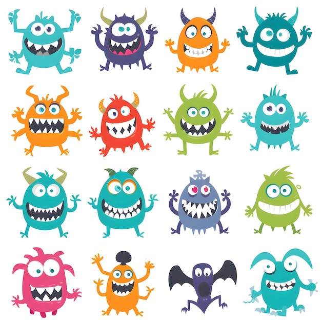 Kleurrijke unieke cartoon monsters met verschillende uitdrukkingen