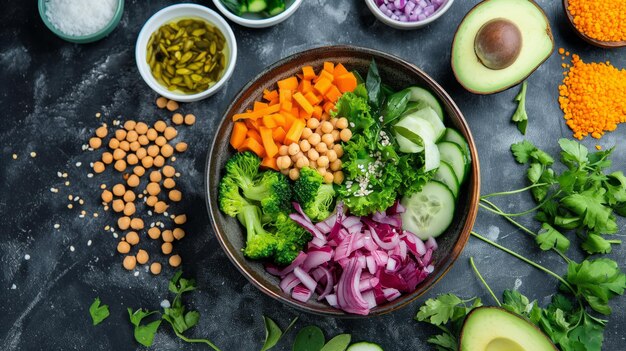 Kleurrijke veganistische Boeddha-bak met vers voedsel Ingrediënten Gezonde eetgewoonten