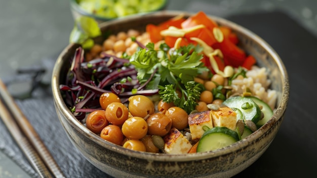 Kleurrijke vegetarische Boeddha-bak met verse groenten en granen