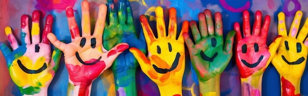 Foto kleurrijke verf concept leuke kunstenaar vinger kunst hand kind glimlach generatieve ai