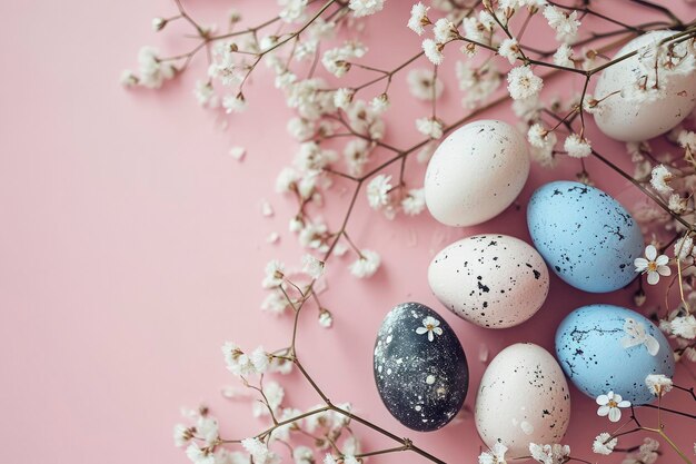 Kleurrijke verf eieren met kersenbloesems op roze achtergrond