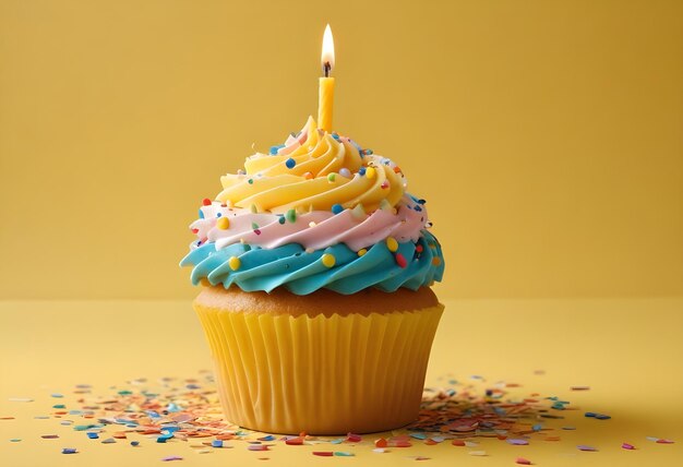 Foto kleurrijke verjaardag cupcake met kaars en confetti op gele achtergrond