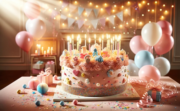 Kleurrijke verjaardagstaart met aangestoken kaarsen en decor