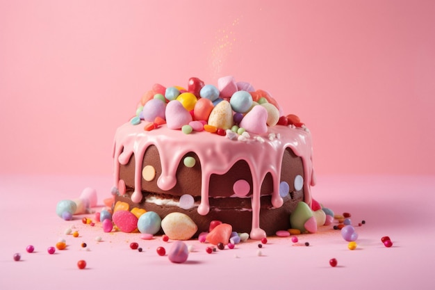Kleurrijke verjaardagstaart met glazuur en snoep op pastel roze achtergrond