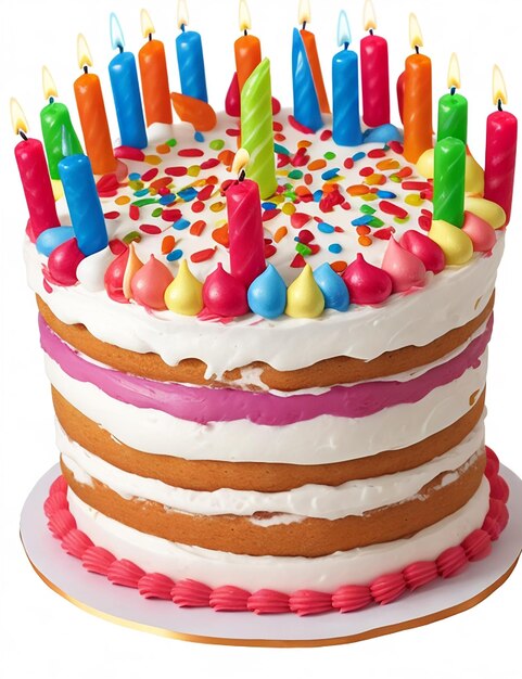 kleurrijke verjaardagstaart met kaarsen geïsoleerd op witte achtergrond PNG