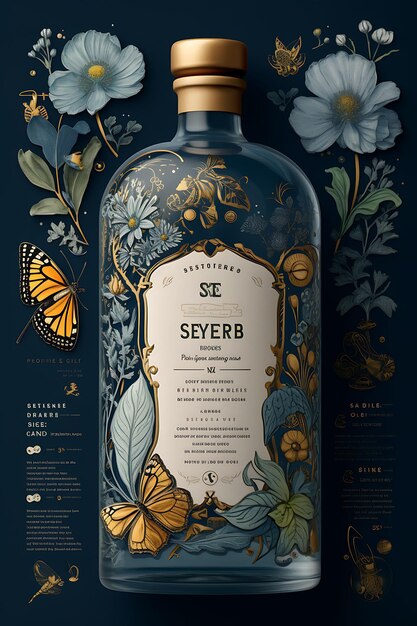 Kleurrijke vintage geïnspireerde gin met een antiek blauw en goud palet v creatief concept ideeën ontwerp