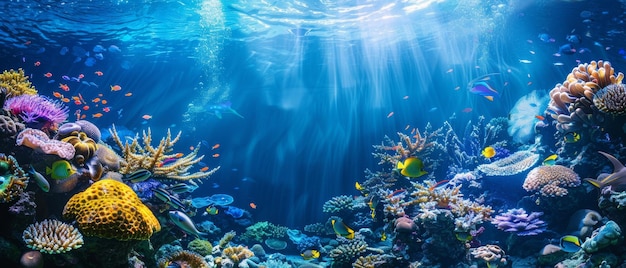 Kleurrijke vissen en zeeleven in de diepblauwe oceaan onderwater koraalrif landschap banner achtergrond