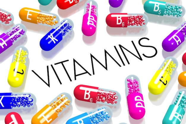 Foto kleurrijke vitaminen op witte achtergrond 3d illustratie