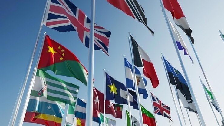 Kleurrijke vlaggen die landen over de hele wereld vertegenwoordigen op een levendige achtergrond van wereldvlaggen
