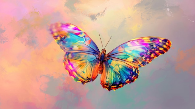 Kleurrijke vlinder die door de bewolkte lucht vliegt