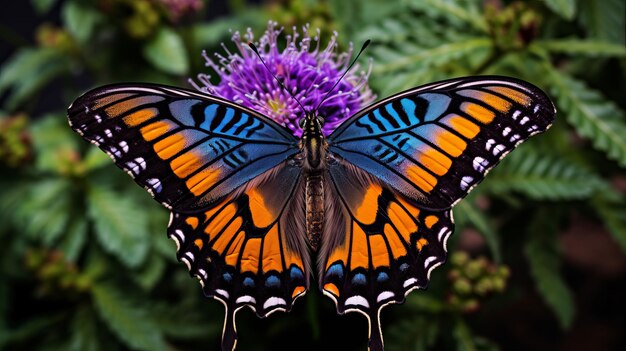 Kleurrijke vlinder over paarse bloem