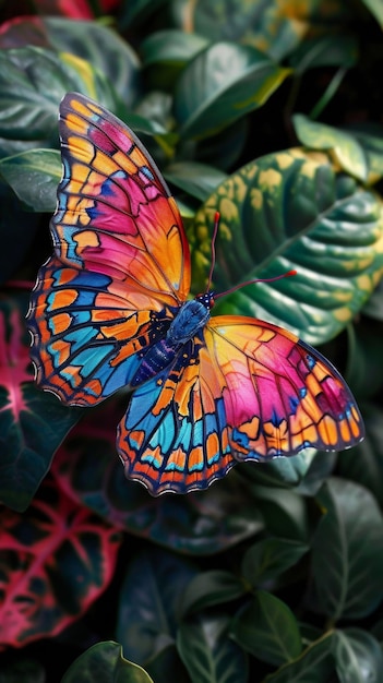 Kleurrijke vlinder rust op een weelderige groene plant