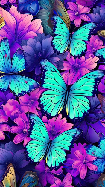 Kleurrijke vlinders verzamelen zich op een bloementuinbehang voor de telefoon