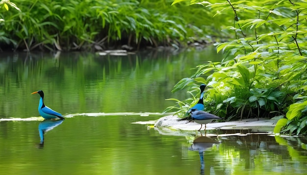 Kleurrijke vogel die in het water zit rond een groen landschap