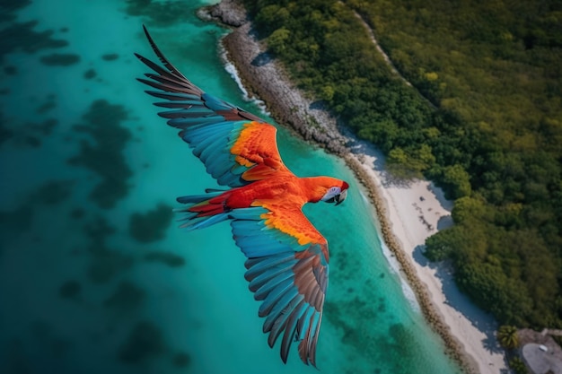 Kleurrijke vogel vliegt over kristalhelder water en zand