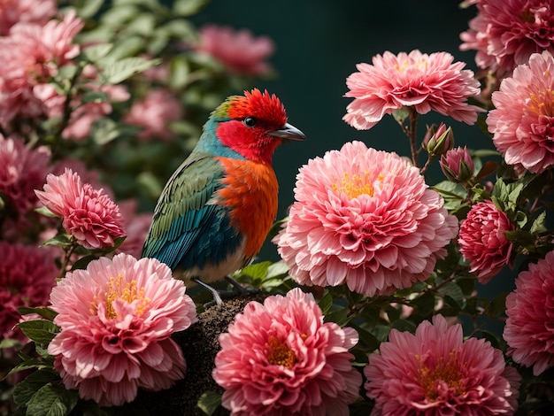 Kleurrijke vogel zat op roze bloem