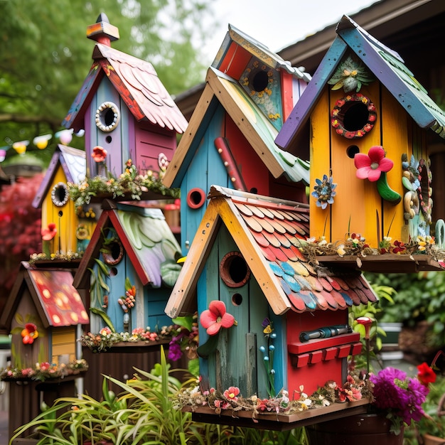 Foto kleurrijke vogelhuizen buiten vogelhuis in de tuin